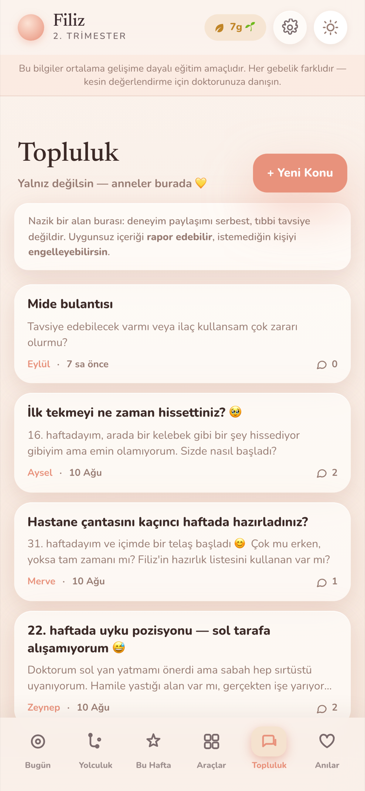 Topluluk ekranı: anne adaylarının açtığı konular ve yanıtlar.